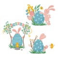 Set of cute easter compositions in cartoon style isolated on white background.